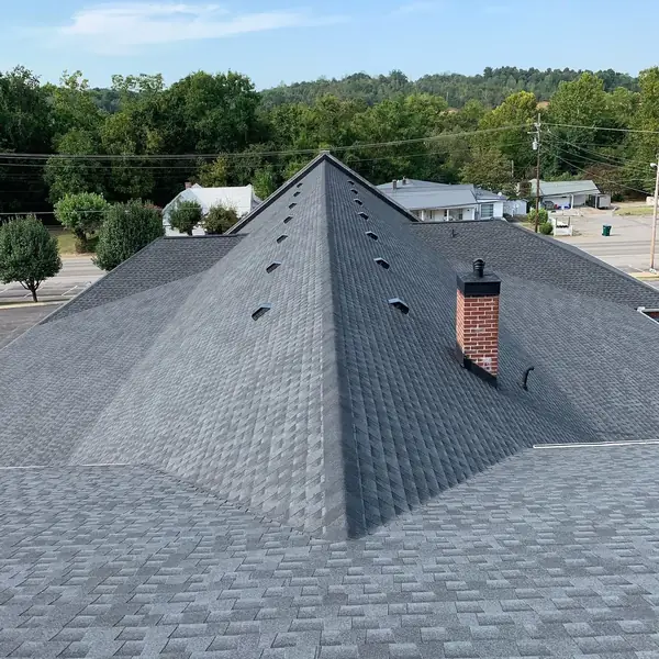 Aerial view of a shingle roof with chimney
