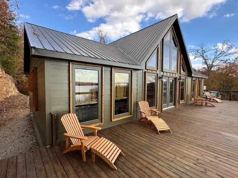 Metal roof on a cabin with a wraparound deck