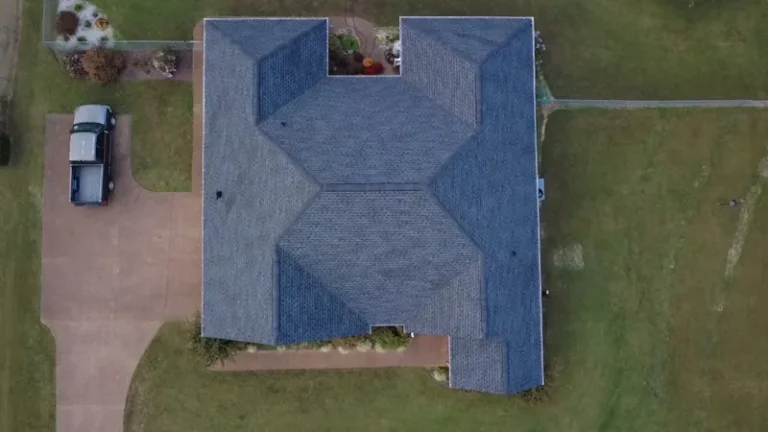 Aerial view of a finished hip roof