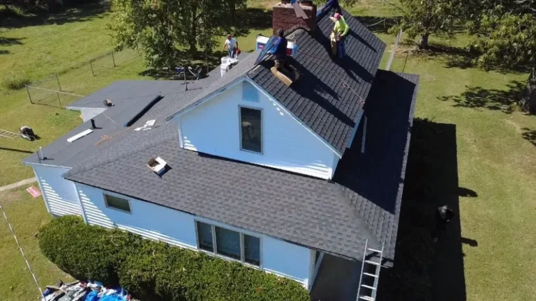 Drone view of a new roof on a two-story home
