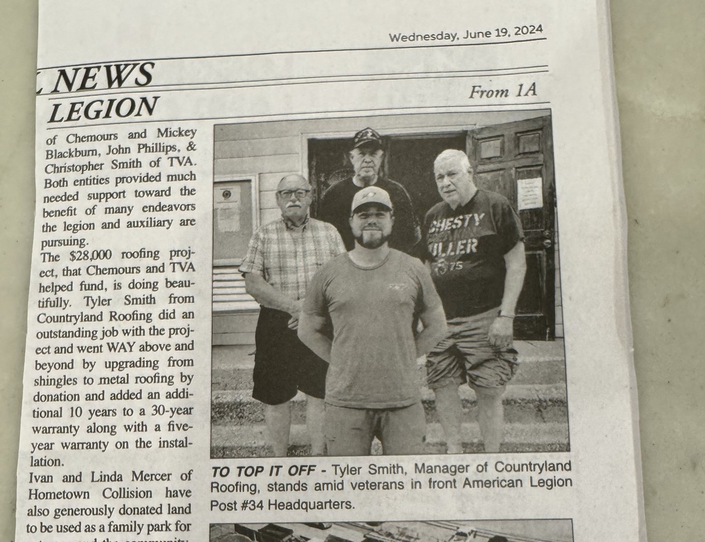 Newspaper story on CountryLand Roofing and the American Legion Post 34 roof, June 2024